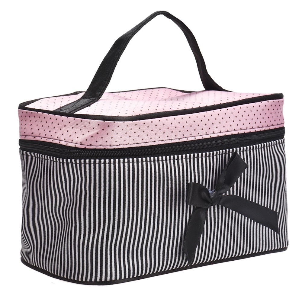 Black & Pink Stripe Zippered Cosmetic Travel Bag - Picture 3 of 6